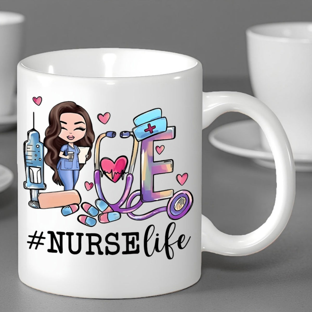 Tailorly White Ceramic 11 oz Mug - Nurse Life Adorable Female Character Surrounded By Medical Icons And Heart Shapes Nurse