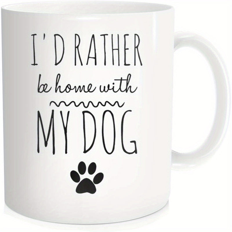 Tailorly White Ceramic 11 oz Mug - Id Rather Be Home With My Dog Simple Minimalist Black Text With Playful Wavy Line And Cute Paw