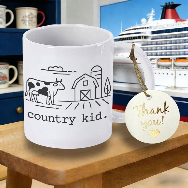 Tailorly White Ceramic 11 oz Mug - Country Kid Minimalist Hand Drawn Rural Farm Scene With Spotted Grazing Cow
