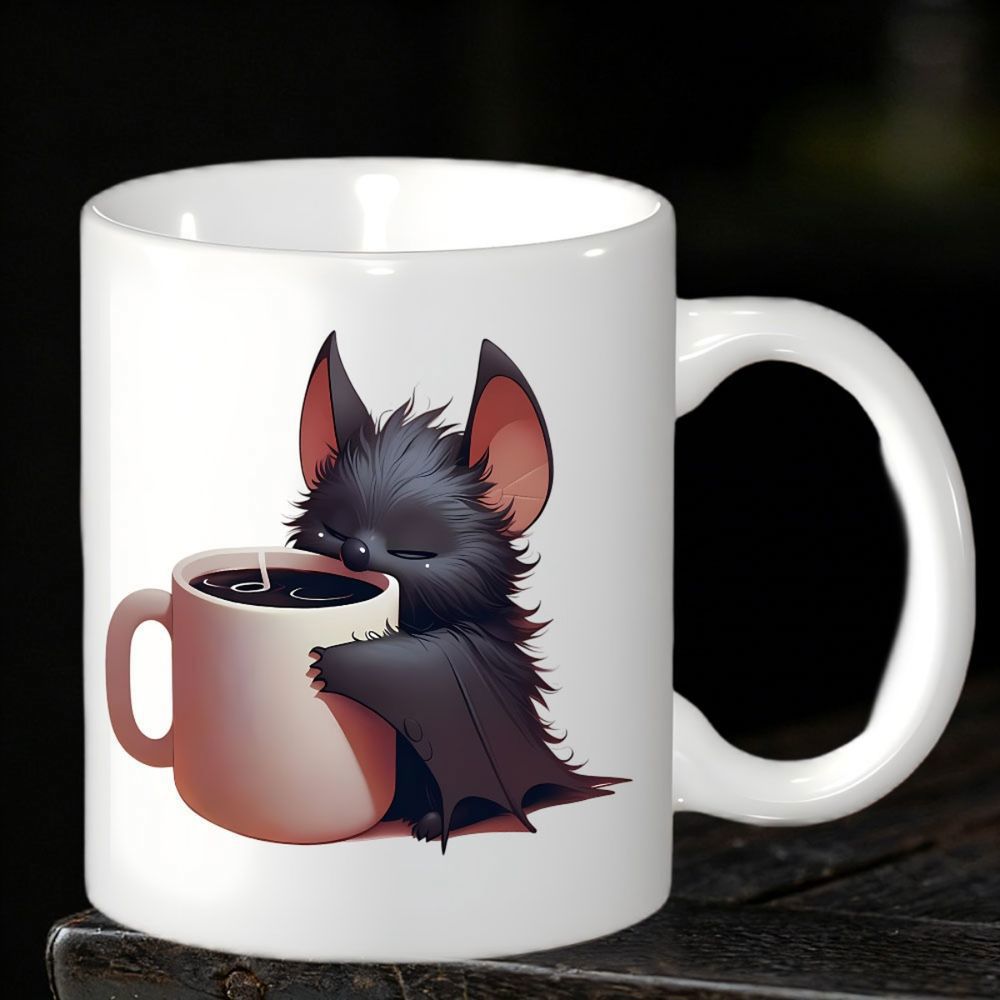 Tailorly White Ceramic 11 oz Mug - Adorable Fluffy Little Black Bat Hugging A Steaming Hot Coffee Bat