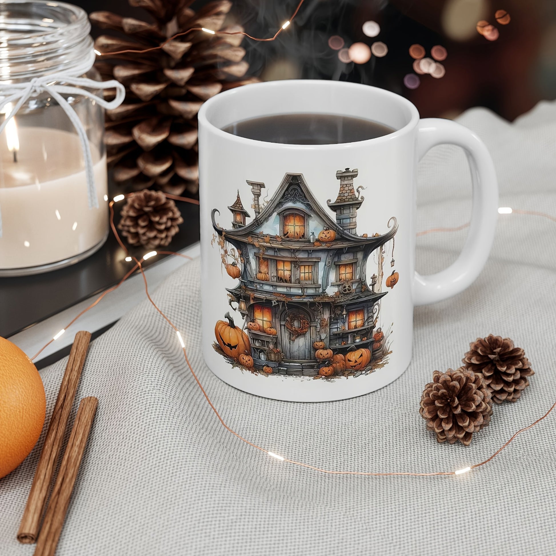 Tailorly White Ceramic 11 oz Mug - Spooky Haunted Victorian Mansion With Glowing Windows Among Orange Halloween Pumpkins House