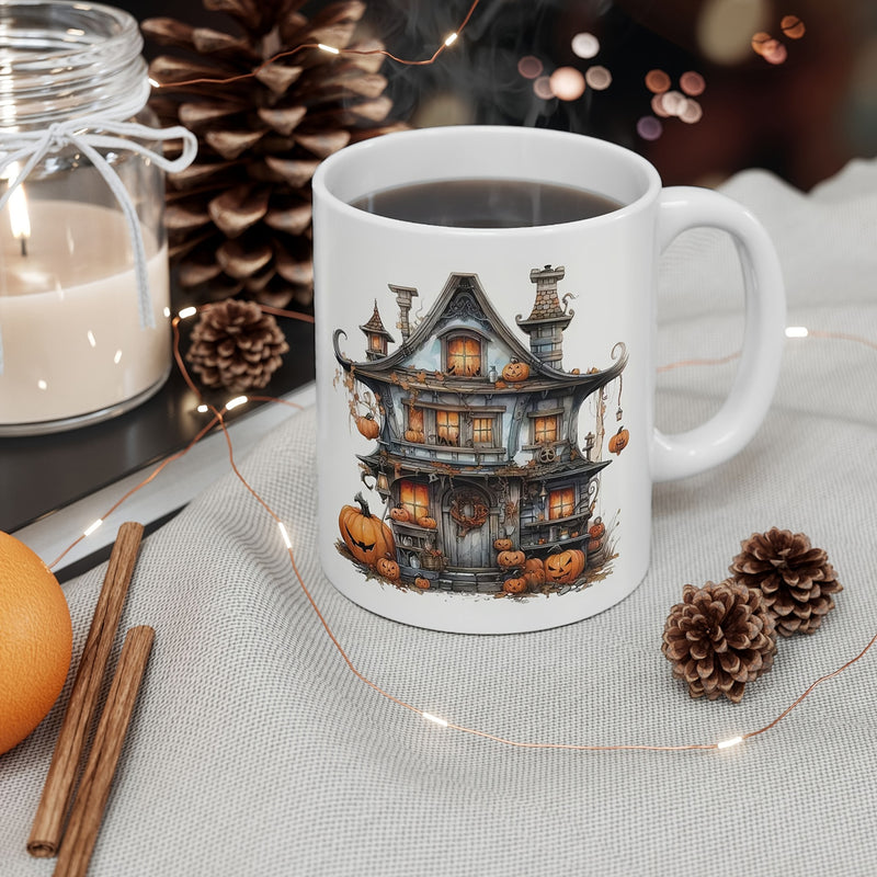 Tailorly White Ceramic 11 oz Mug - Spooky Haunted Victorian Mansion With Glowing Windows Among Orange Halloween Pumpkins House