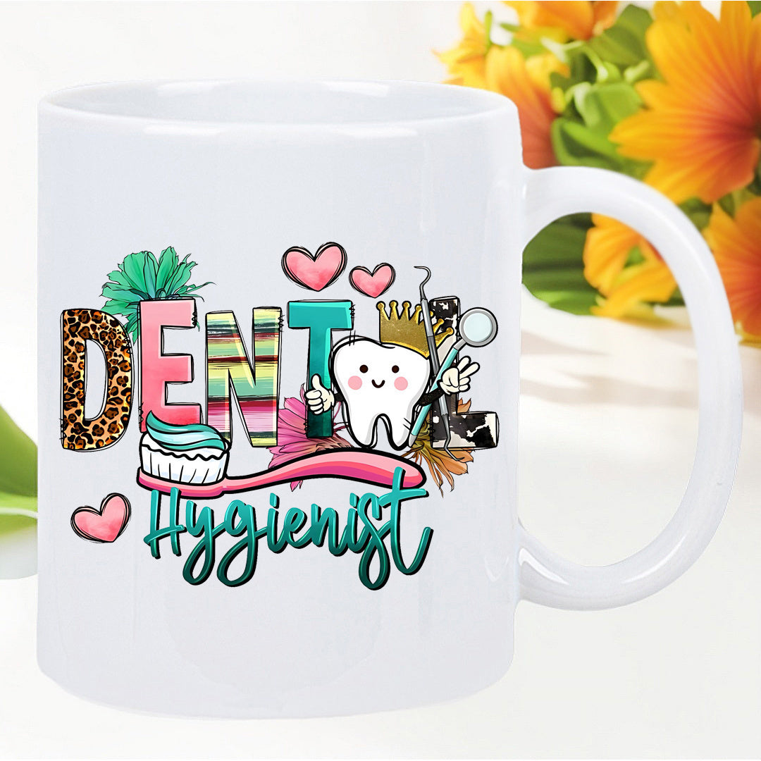 Tailorly White Ceramic 11 oz Mug - Dental Hygienist Smiling Cartoon Tooth Among Dental Tools And Colorful Heart Patterns Tooth