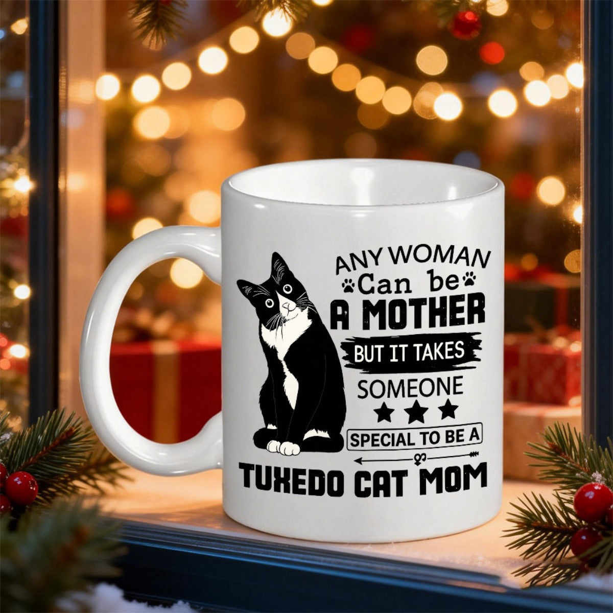 Tailorly White Ceramic 11 oz Mug - Any Woman Can Be A Mother But It Takes Someone Special To Be A Tuxedo Cat Mom Sitting Elegant Black And White Feline With