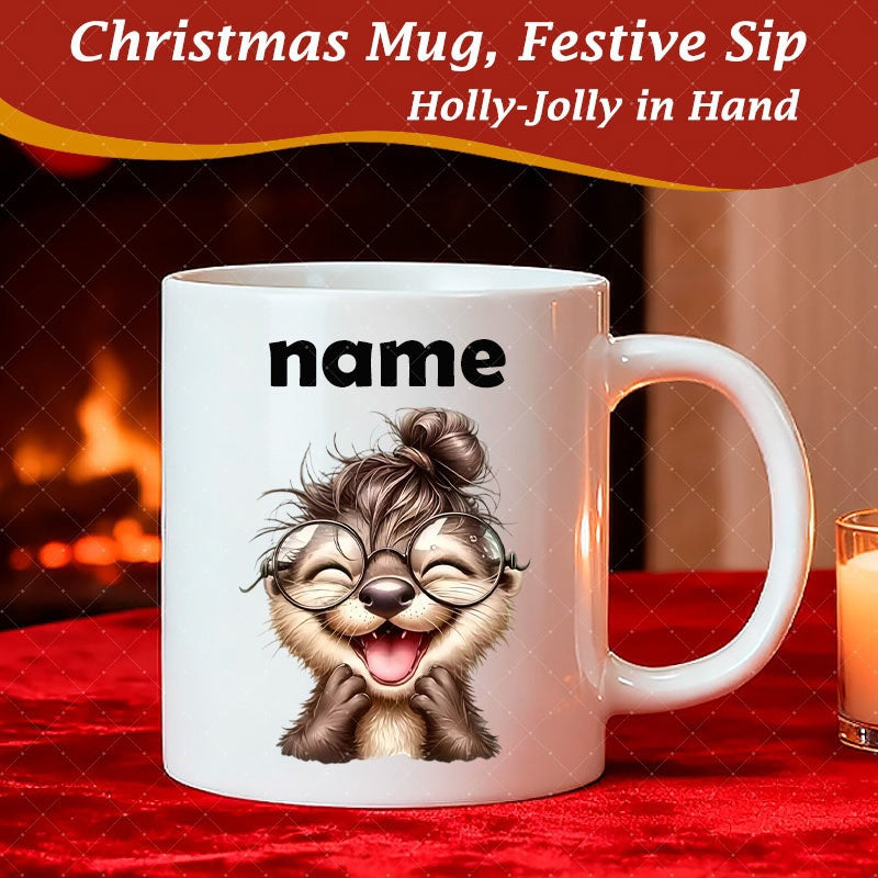Tailorly White Ceramic 11 oz Mug - Name Adorable Smiling Little Otter Wearing Glasses With Messy Bun Hair Otter