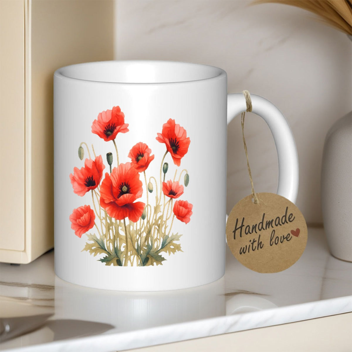 Tailorly White Ceramic 11 oz Mug - Handmade With Love Vibrant Red Watercolor Petals Blooming Among Lush Green Summer Leaves Poppy