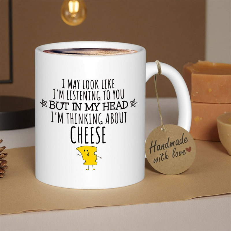 Tailorly White Ceramic 11 oz Mug - I May Look Like Im Listening To You But In My Head Im Thinking About Cheese Adorable Small Yellow Cartoon Character With Smiling