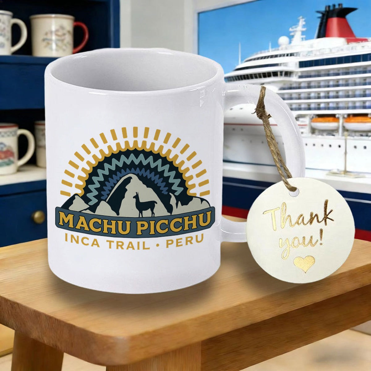 Tailorly White Ceramic 11 oz Mug - Machu Picchu Inca Trail Peru Sun Rays Over Ancient Peaks With A Small Llama Silhouette Mountain
