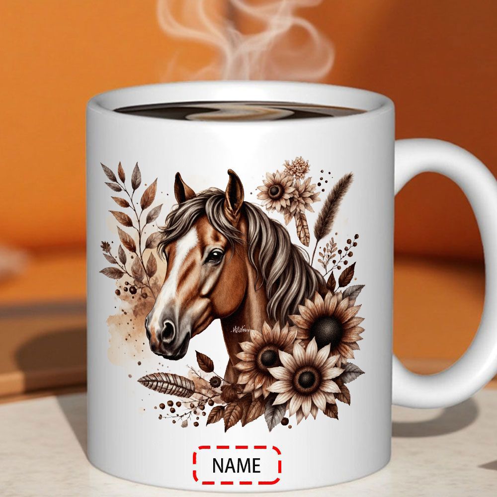 Tailorly White Ceramic 11 oz Mug - Name Majestic Brown Horse With Sunflowers And Rustic Autumn Leaves Horse