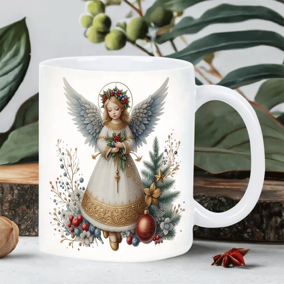 Tailorly White Ceramic 11 oz Mug - Graceful Serene Winged Figure Surrounded By Festive Winter Pine And Berries Angel