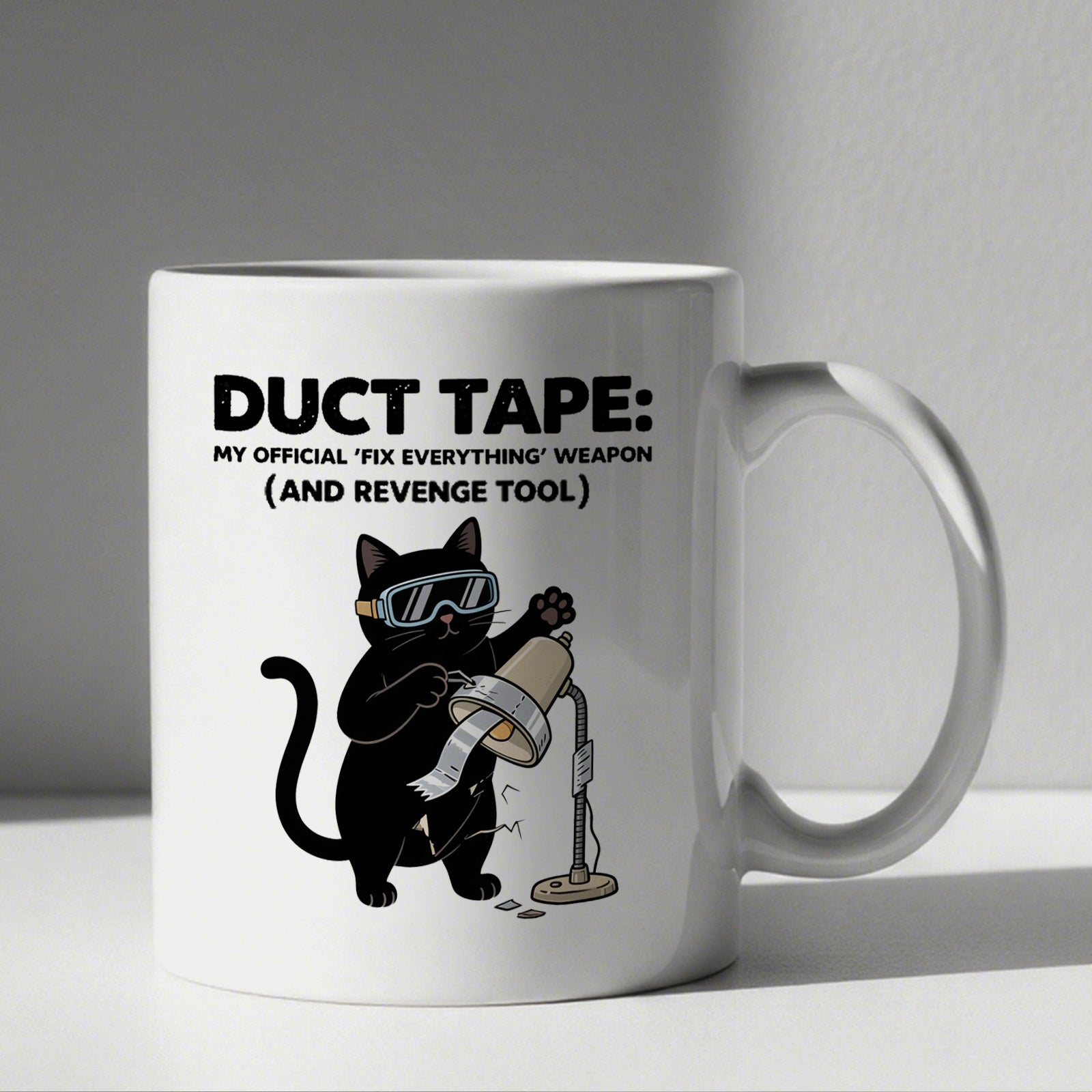 Tailorly White Ceramic 11 oz Mug - Duct Tape My Official Fix Everything Weapon And Revenge Tool Mischievous Black Feline Wearing Goggles Repairing Broken Lamp With