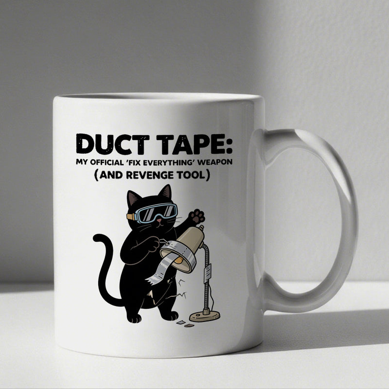 Tailorly White Ceramic 11 oz Mug - Duct Tape My Official Fix Everything Weapon And Revenge Tool Mischievous Black Feline Wearing Goggles Repairing Broken Lamp With