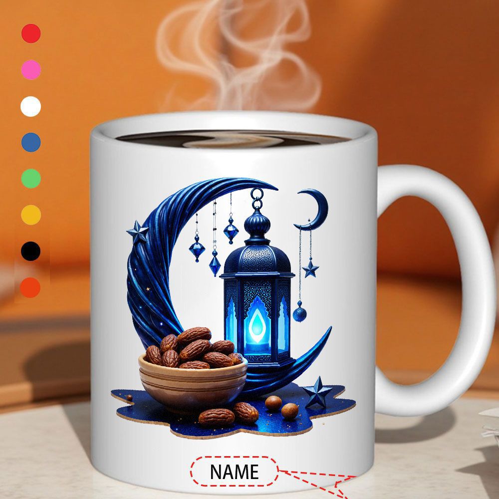 Tailorly White Ceramic 11 oz Mug - Name Traditional Blue Ornaments With Crescent Moon And Bowl Of Dates Lantern