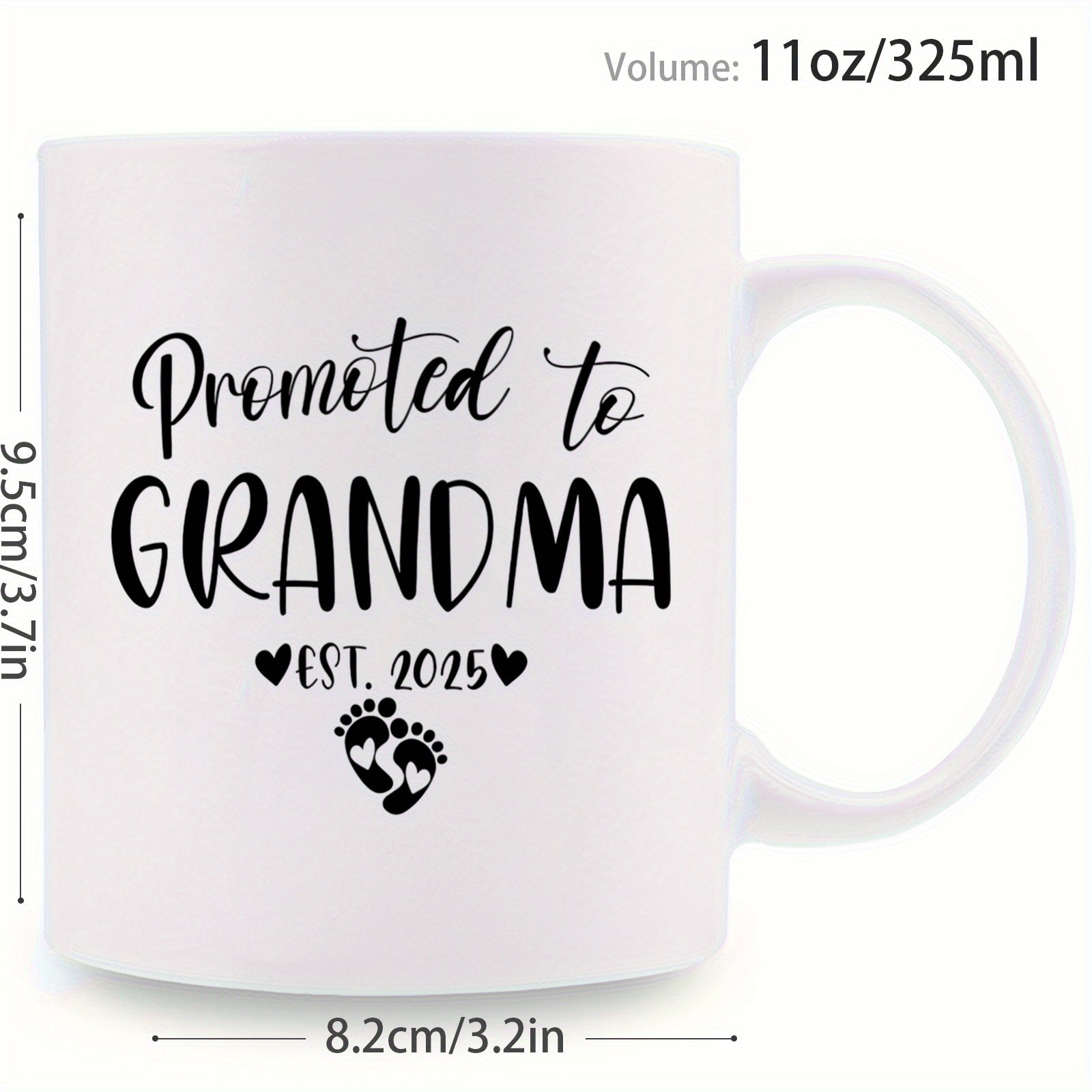 Tailorly White Ceramic 11 oz Mug - Promoted To Grandma Est 2025 Minimalist Black Ink Styling Featuring Tiny Infant Footprints And Hearts Mug