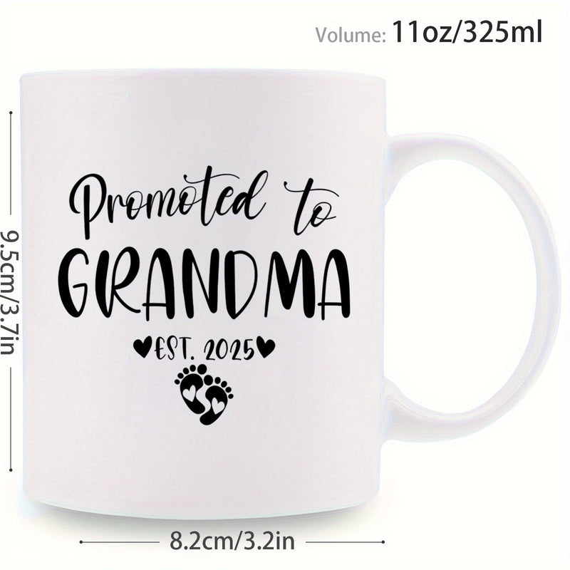 Tailorly White Ceramic 11 oz Mug - Promoted To Grandma Est 2025 Minimalist Black Ink Styling Featuring Tiny Infant Footprints And Hearts Mug