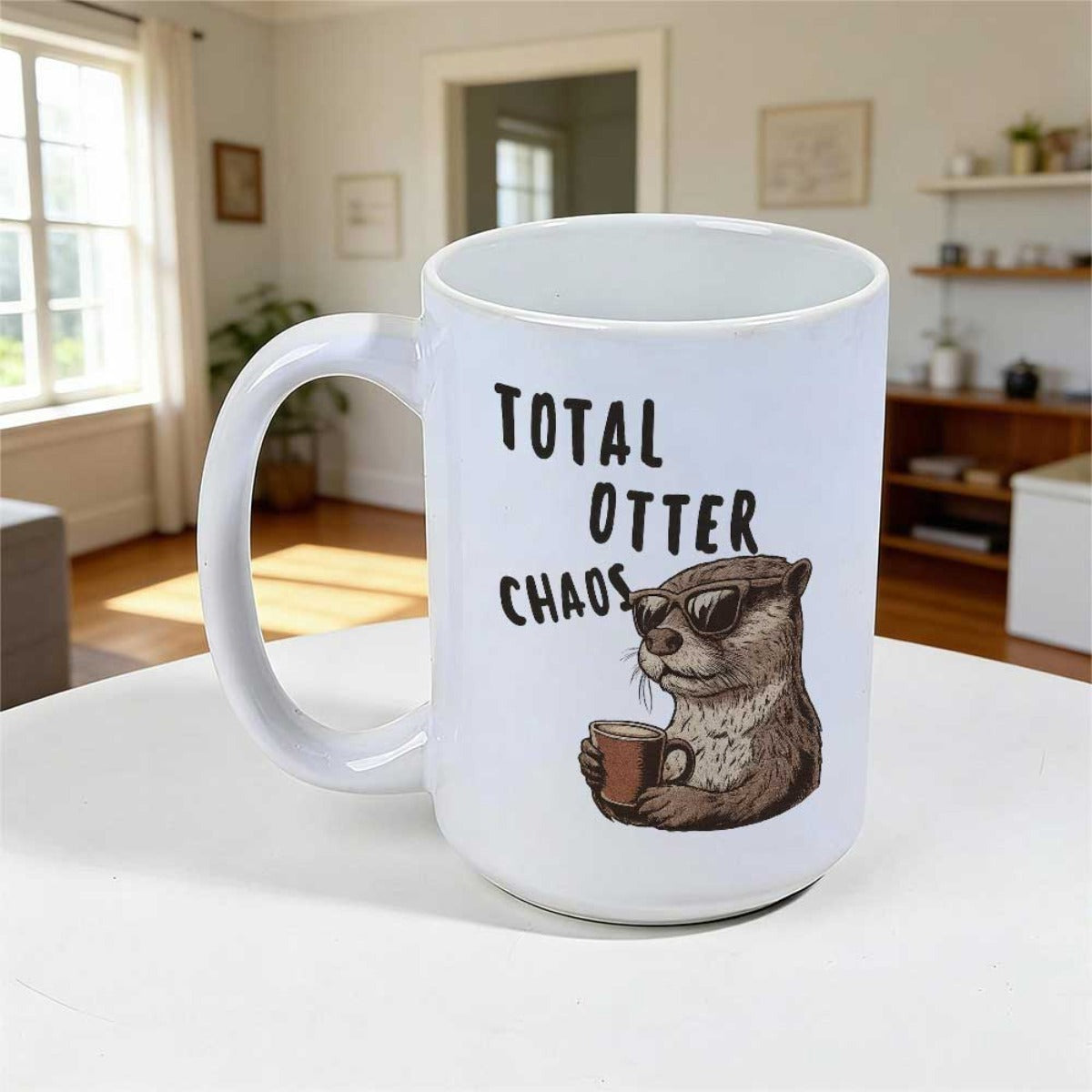 Tailorly White Ceramic 11 oz Mug - Total Otter Chaos Relaxed Brown Animal Wearing Dark Sunglasses Holding Tiny Coffee Cup Otter
