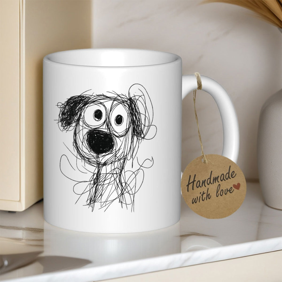 Tailorly White Ceramic 11 oz Mug - Handmade With Love Minimalist Hand Drawn Scribble Style Art Featuring A Whimsical Messy Lines Dog