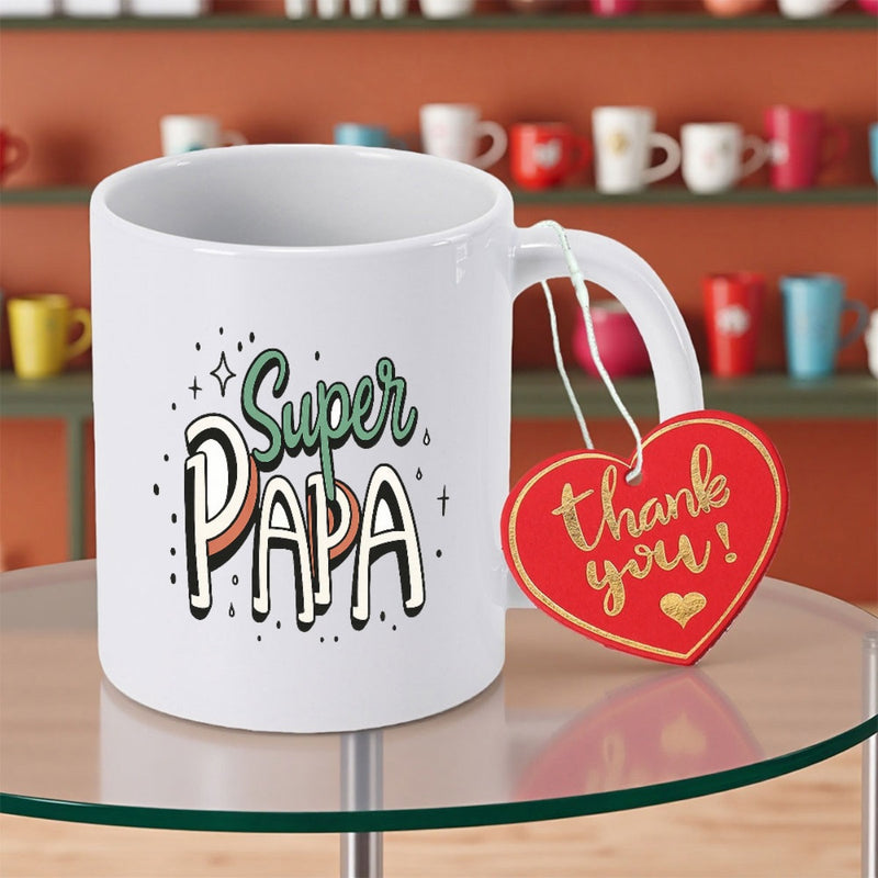 Tailorly White Ceramic 11 oz Mug - Super Papa Thank You Stylized Retro Lettering With Charming Sparkles On A Clean