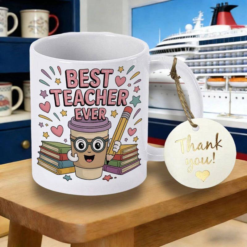 Tailorly White Ceramic 11 oz Mug - Best Teacher Ever Smiling Cartoon Coffee Cup Holding A Pencil Among Stacks Of Books Coffee Cup