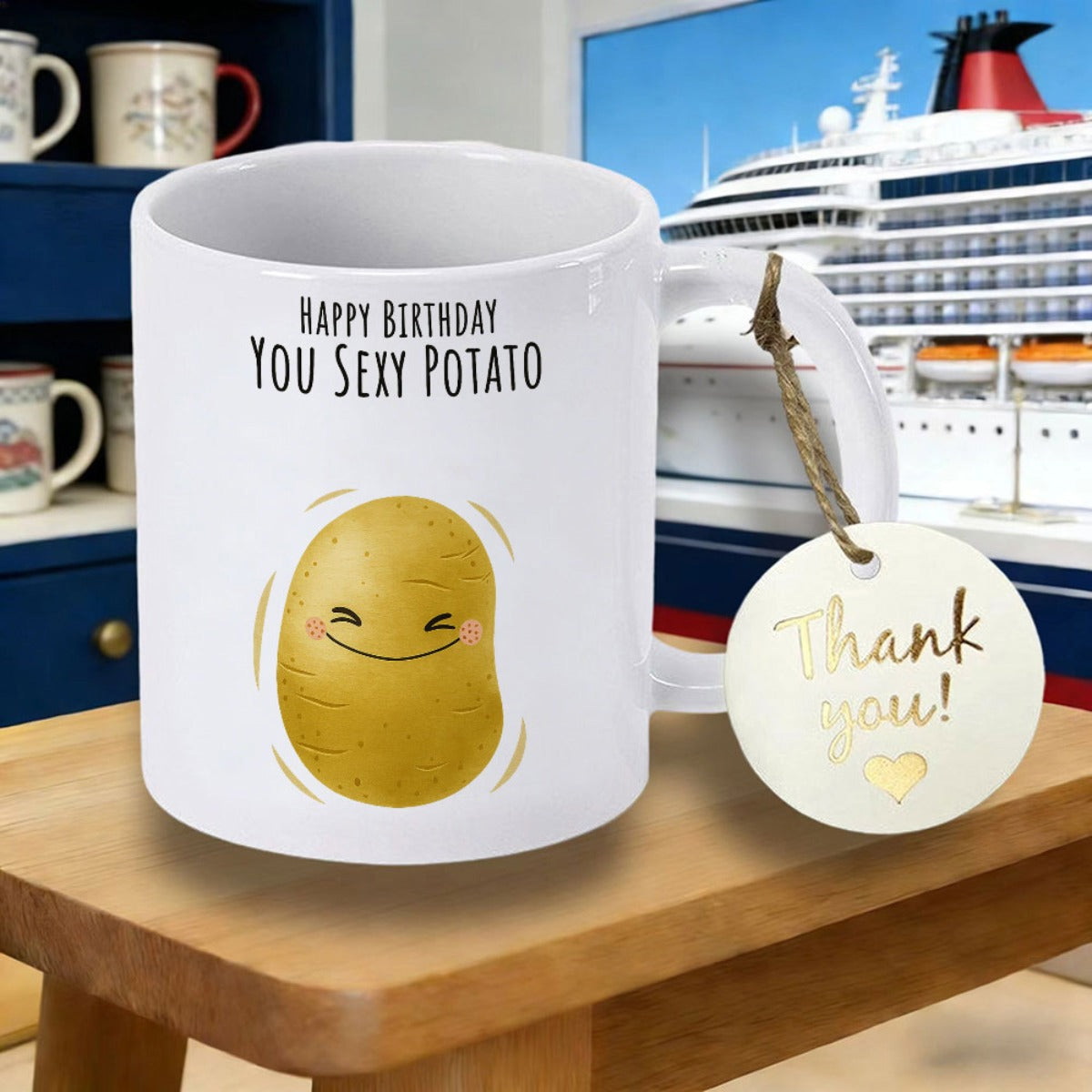Tailorly White Ceramic 11 oz Mug - Happy Birthday You Sexy Potato Minimalist Hand Drawn Smiling Vegetable Surrounded By Radiant Lines Happy Potato
