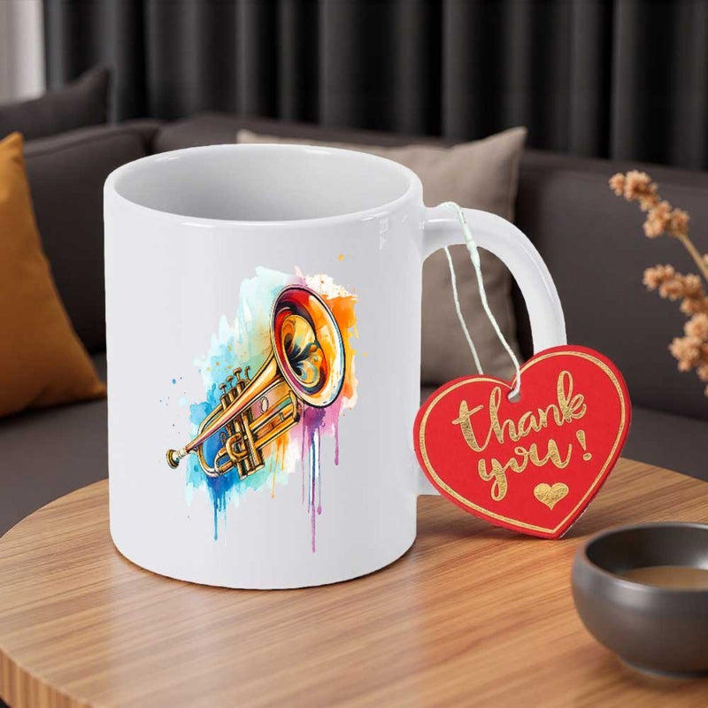 Tailorly White Ceramic 11 oz Mug - Vibrant Watercolor Musical Instrument Splashed With Bright Rainbow Colors Artistic Trumpet