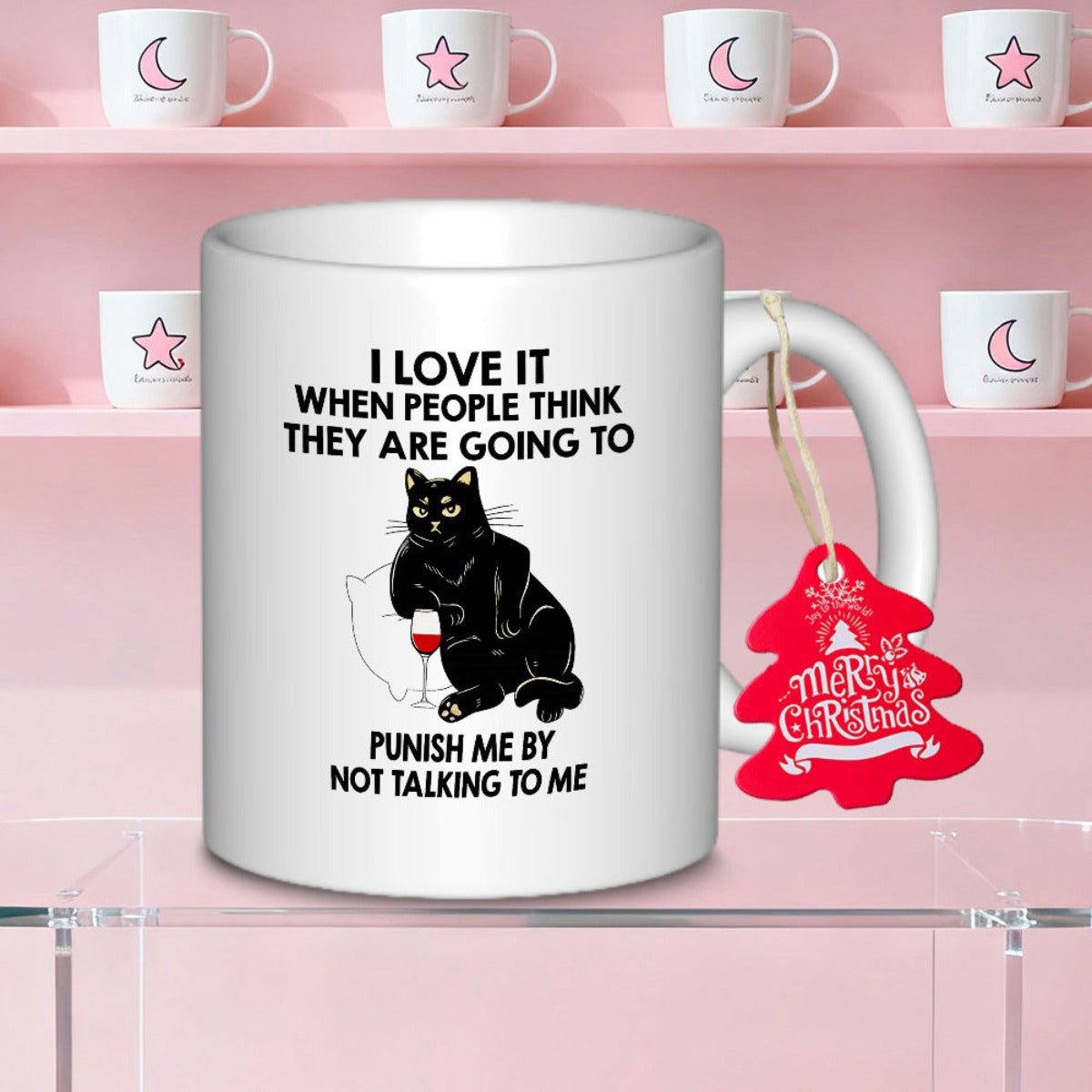 Tailorly White Ceramic 11 oz Mug - I Love It When People Think They Are Going To Punish Me By Not Talking To Me Sarcastic Black Cat Holding Red Wine Glass Relaxed