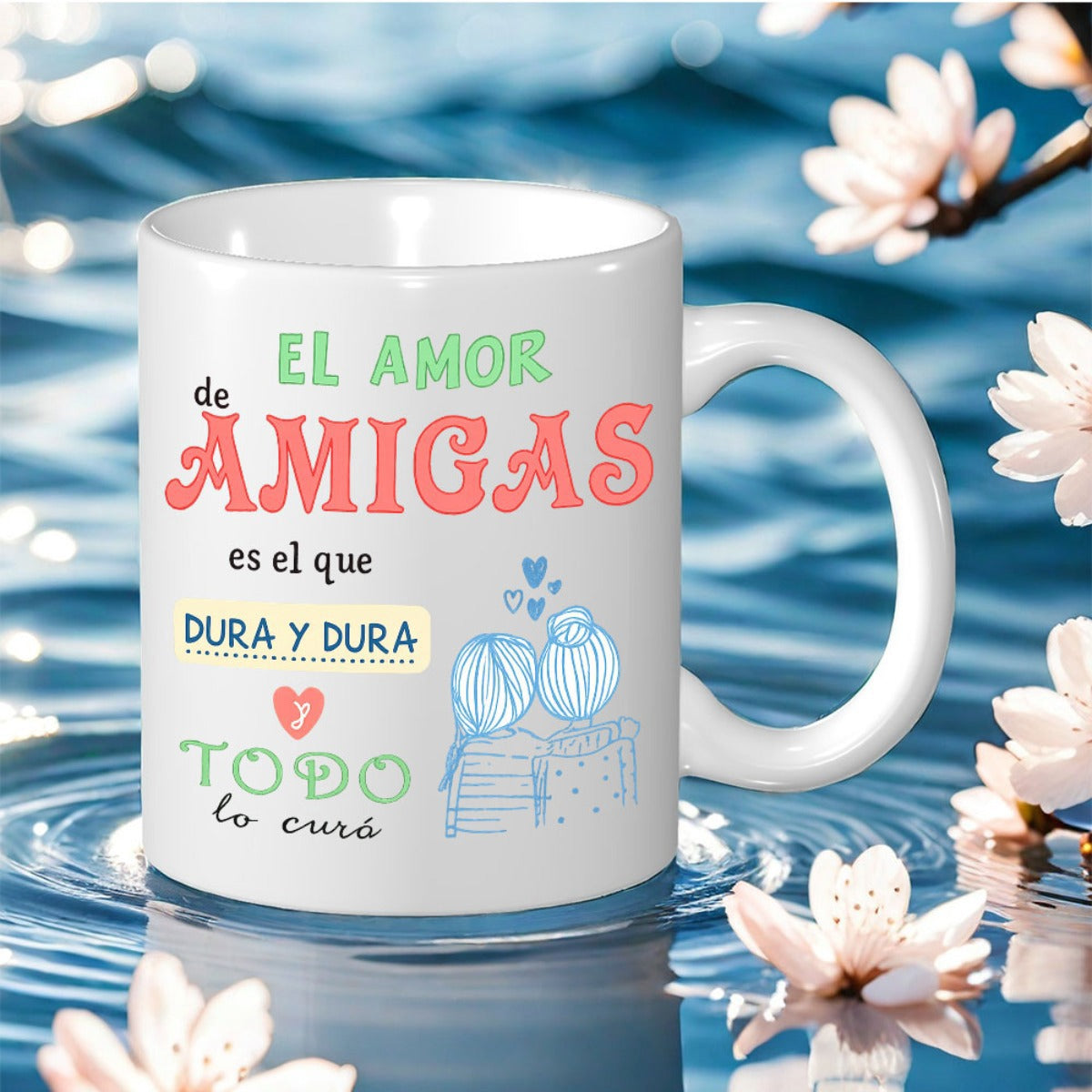 Tailorly White Ceramic 11 oz Mug - Minimalist Blue Line Art Featuring Two Friends Sitting Together Under Hearts Mug