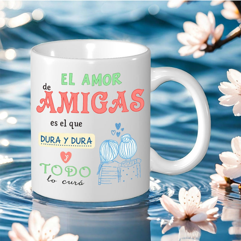 Tailorly White Ceramic 11 oz Mug - Minimalist Blue Line Art Featuring Two Friends Sitting Together Under Hearts Mug