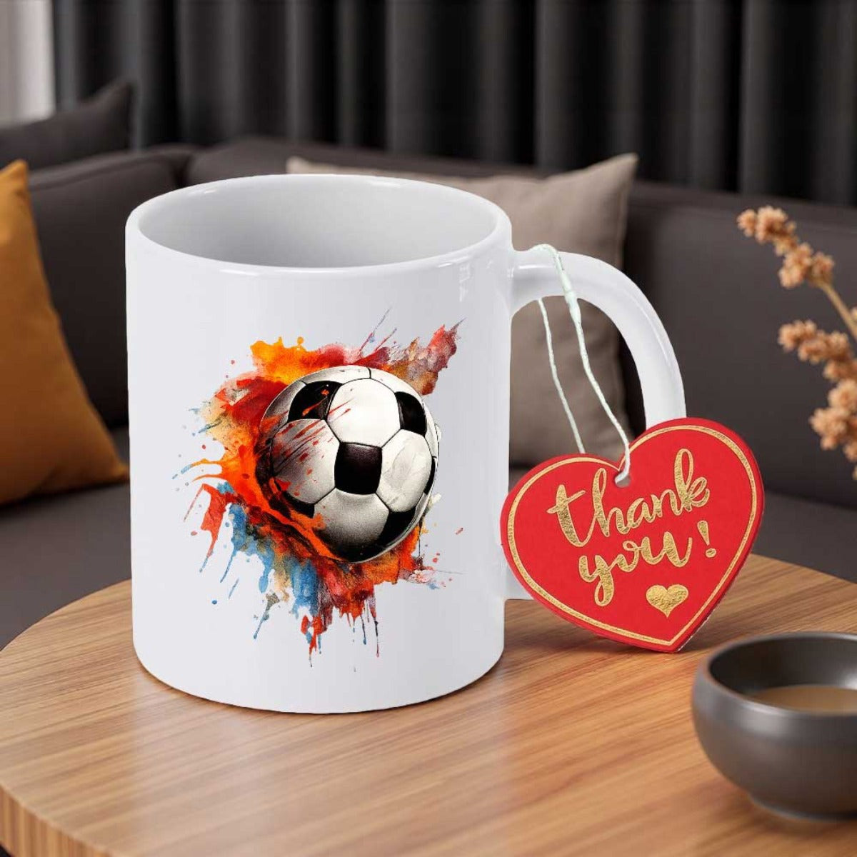 Tailorly White Ceramic 11 oz Mug - Vibrant Watercolor Paint Splashes Surrounding A Classic Sports Athletic Soccer Ball