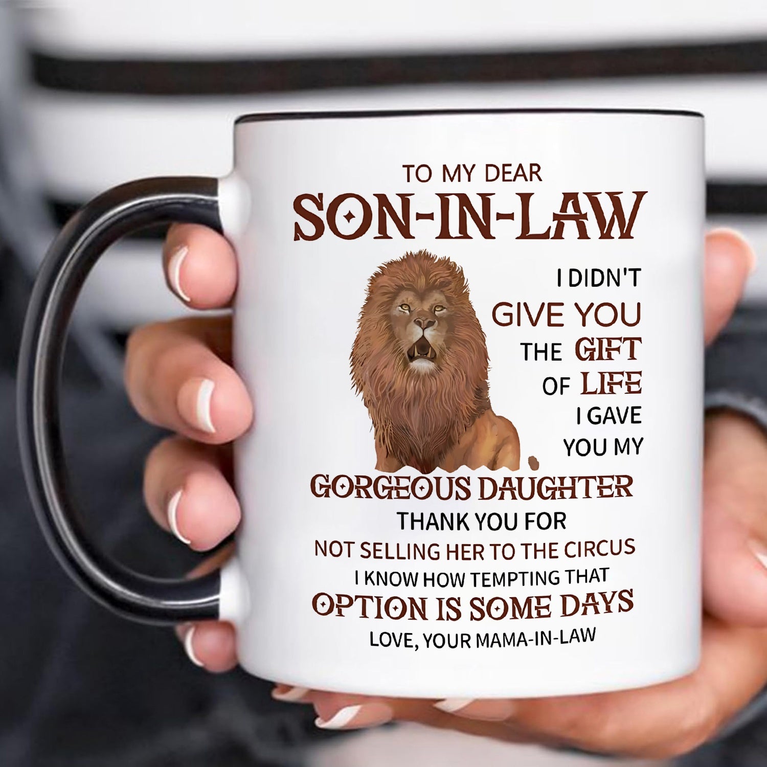 Tailorly Black Accent 11 oz Mug - funny lion son in law text and illustration