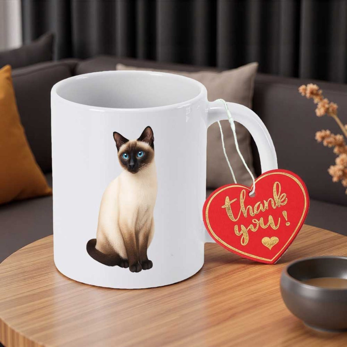 Tailorly White Ceramic 11 oz Mug - Thank You Graceful Siamese Feline Resting Calmly In A Serene Sitting Pose Cat