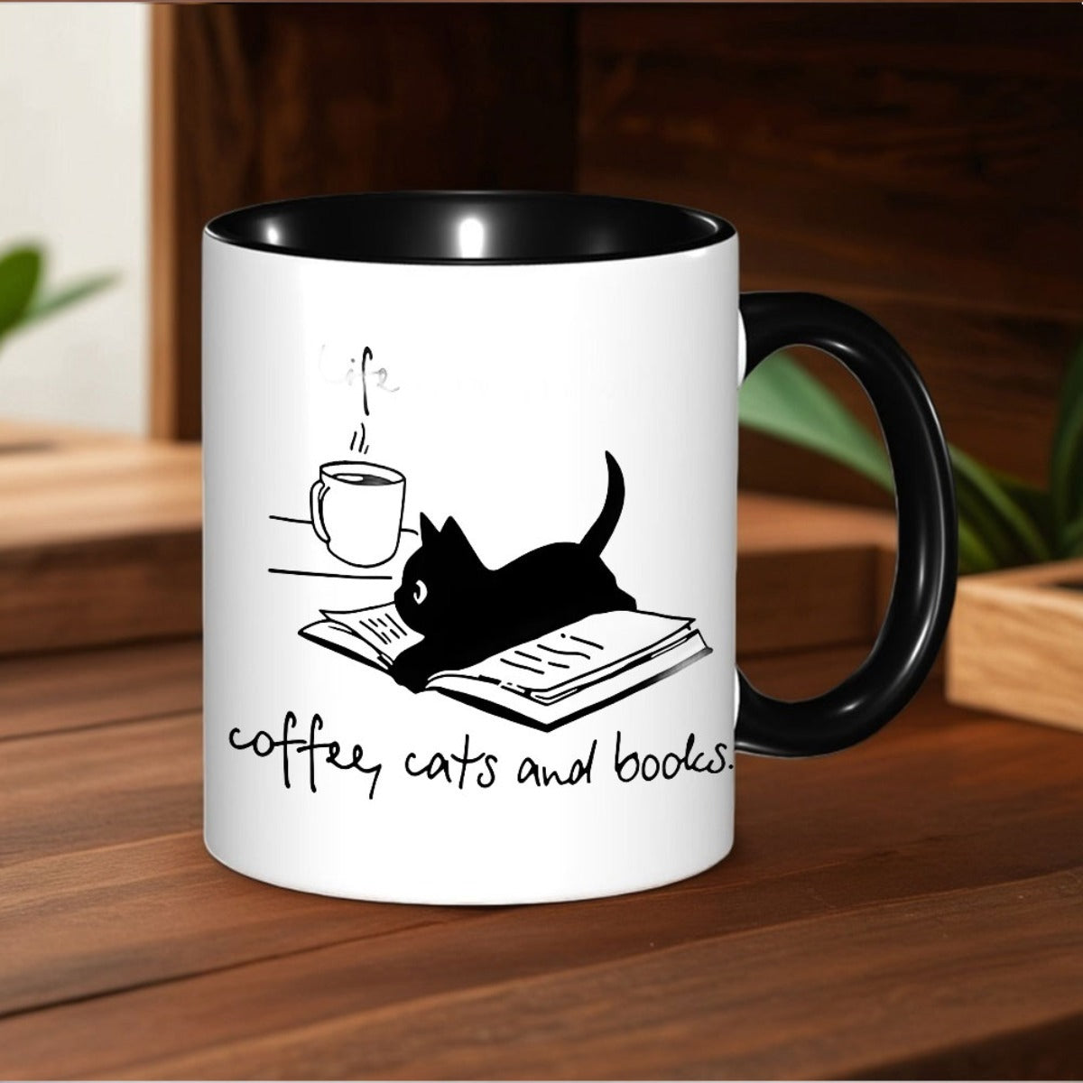 Tailorly Black Accent 11 oz Mug - coffee cats books