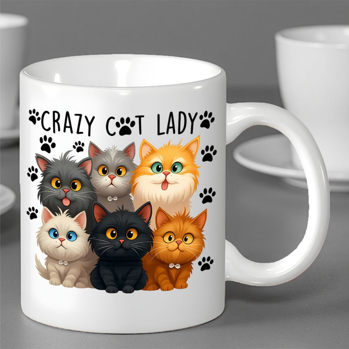 Tailorly White Ceramic 11 oz Mug - Crazy Cat Lady Group Of Six Diverse Cartoon Kittens Sitting Together Among Paw Prints Cats