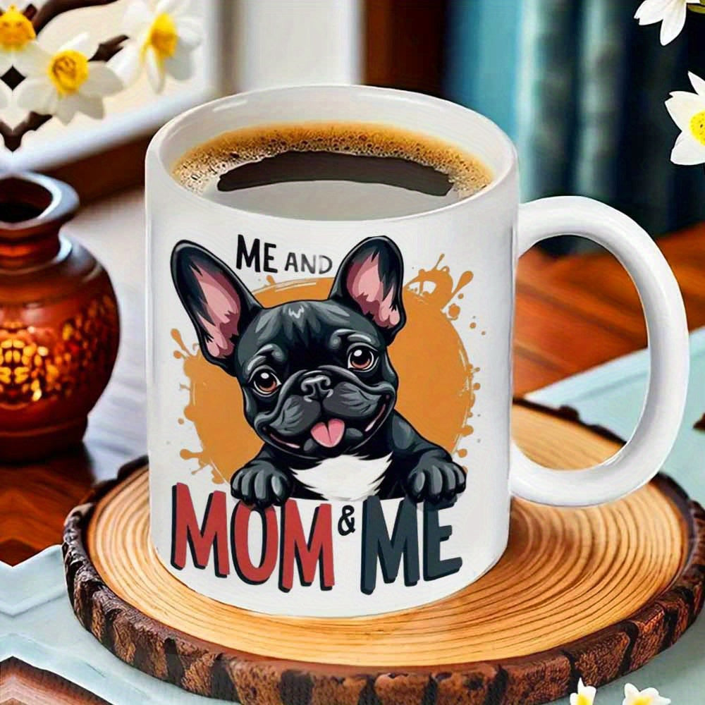 Tailorly White Ceramic 11 oz Mug - Me And Mom Me Adorable Black French Bulldog Resting Paws Against Vibrant Orange Artistic Splash Dog