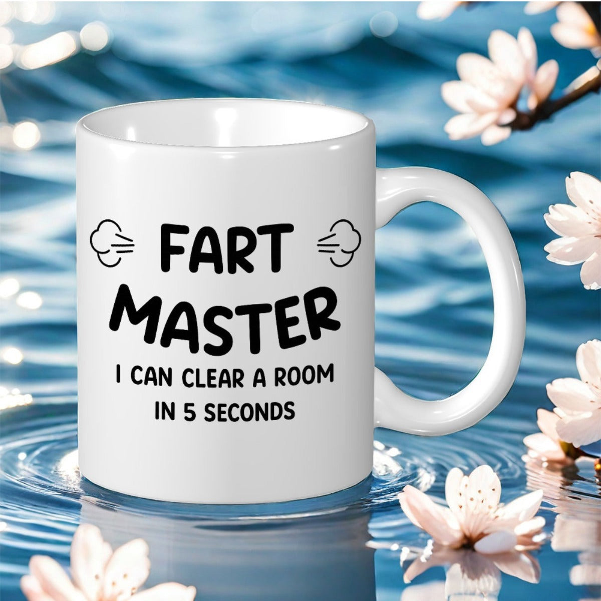 Tailorly White Ceramic 11 oz Mug - Fart Master I Can Clear A Room In 5 Seconds Minimalist Bold Lettering With Small Smoke Clouds Mug