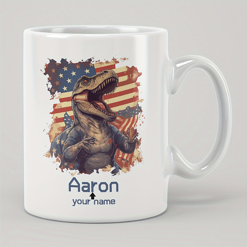 Tailorly White Ceramic 11 oz Mug - Aaron Your Name Fierce Roaring Dinosaur Before Distressed American Flag Background T-Rex