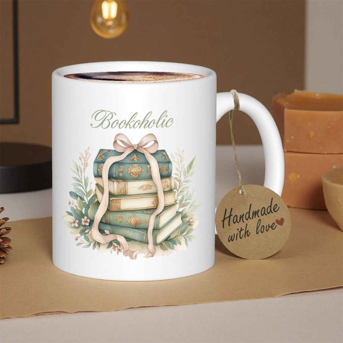 Tailorly White Ceramic 11 oz Mug - Bookaholic Stacked Vintage Books Wrapped In Ribbon Among Soft Watercolor Botanical Leaves Book