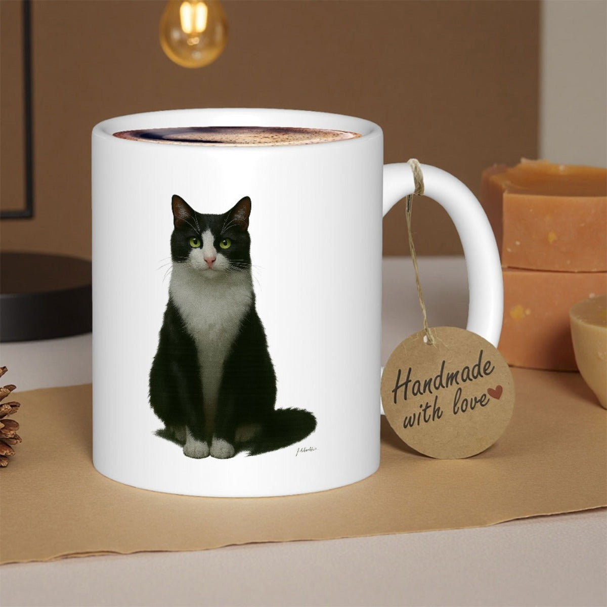 Tailorly White Ceramic 11 oz Mug - Handmade With Love Black And White Tuxedo Cat Sitting In A Calm Attentive Pose Cat