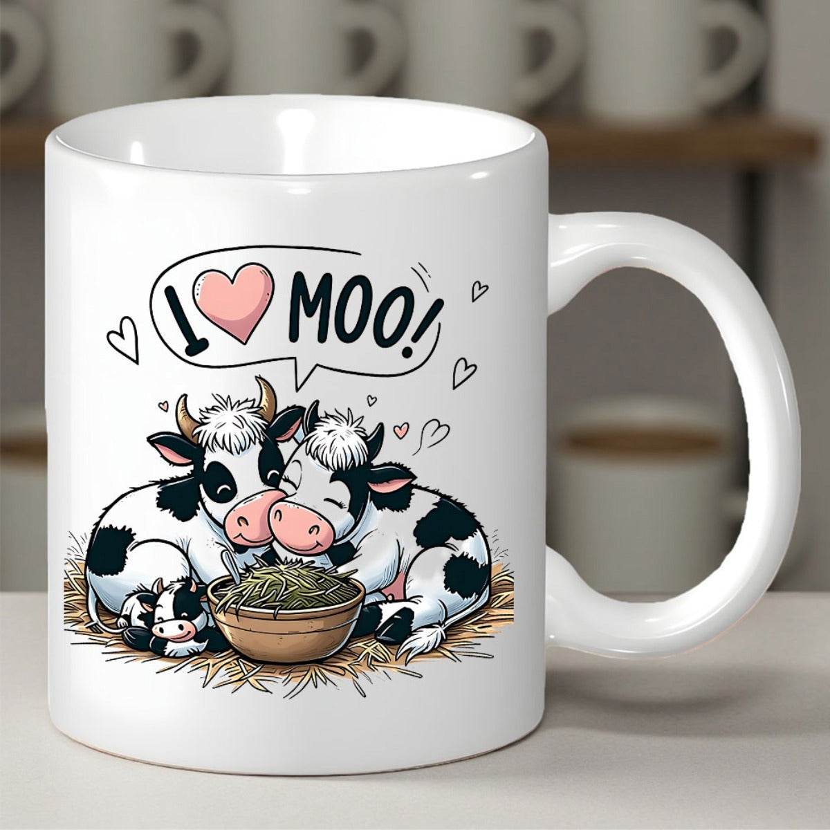 Tailorly White Ceramic 11 oz Mug - I Moo Adorable Cuddling Dairy Cows Sharing A Bowl Of Hay On Straw Bedding Cow