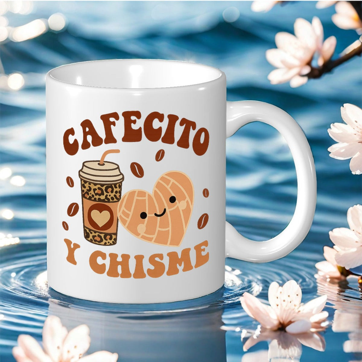Tailorly White Ceramic 11 oz Mug - Smiling Heart Shaped Mexican Sweet Bread With Leopard Print Iced Coffee Cup