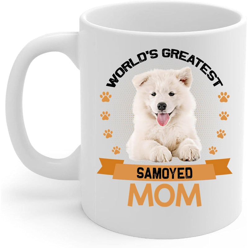 Tailorly White Ceramic 11 oz Mug - Worlds Greatest Samoyed Mom Fluffy White Puppy Sitting Peacefully Among Artistic Orange Paw Print Icons Samoyed