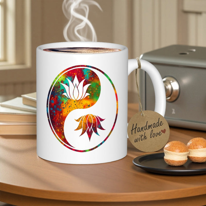 Tailorly White Ceramic 11 oz Mug - Handmade With Love Vibrant Watercolor Yin Yang Symbol With Elegant Symmetrical Floral Blossoming Lotus