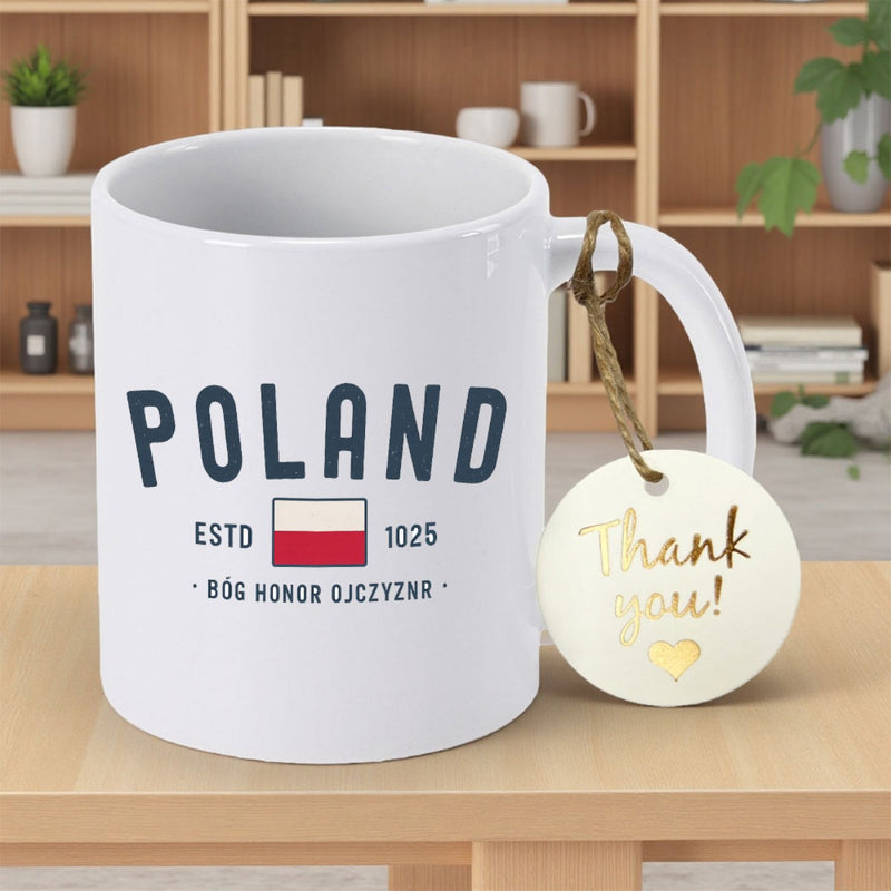 Tailorly White Ceramic 11 oz Mug - Poland Thank You Minimalist National Flag Display Featuring Patriotic Motto And Bold Country Name Mug