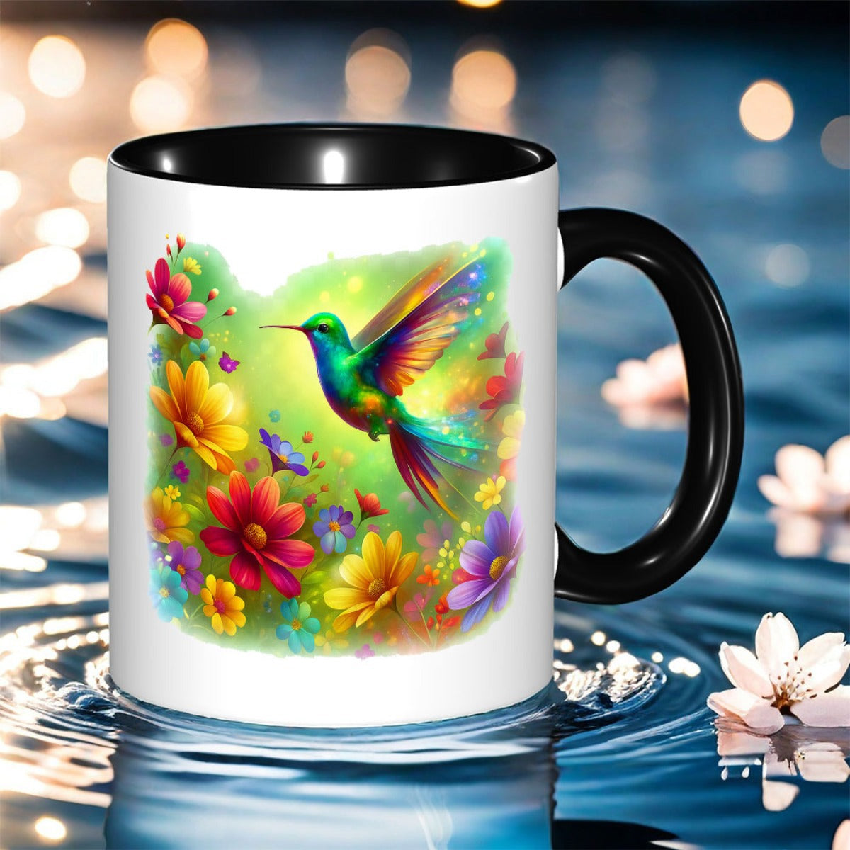 Tailorly Black Accent 11 oz Mug - vibrant floral hummingbird