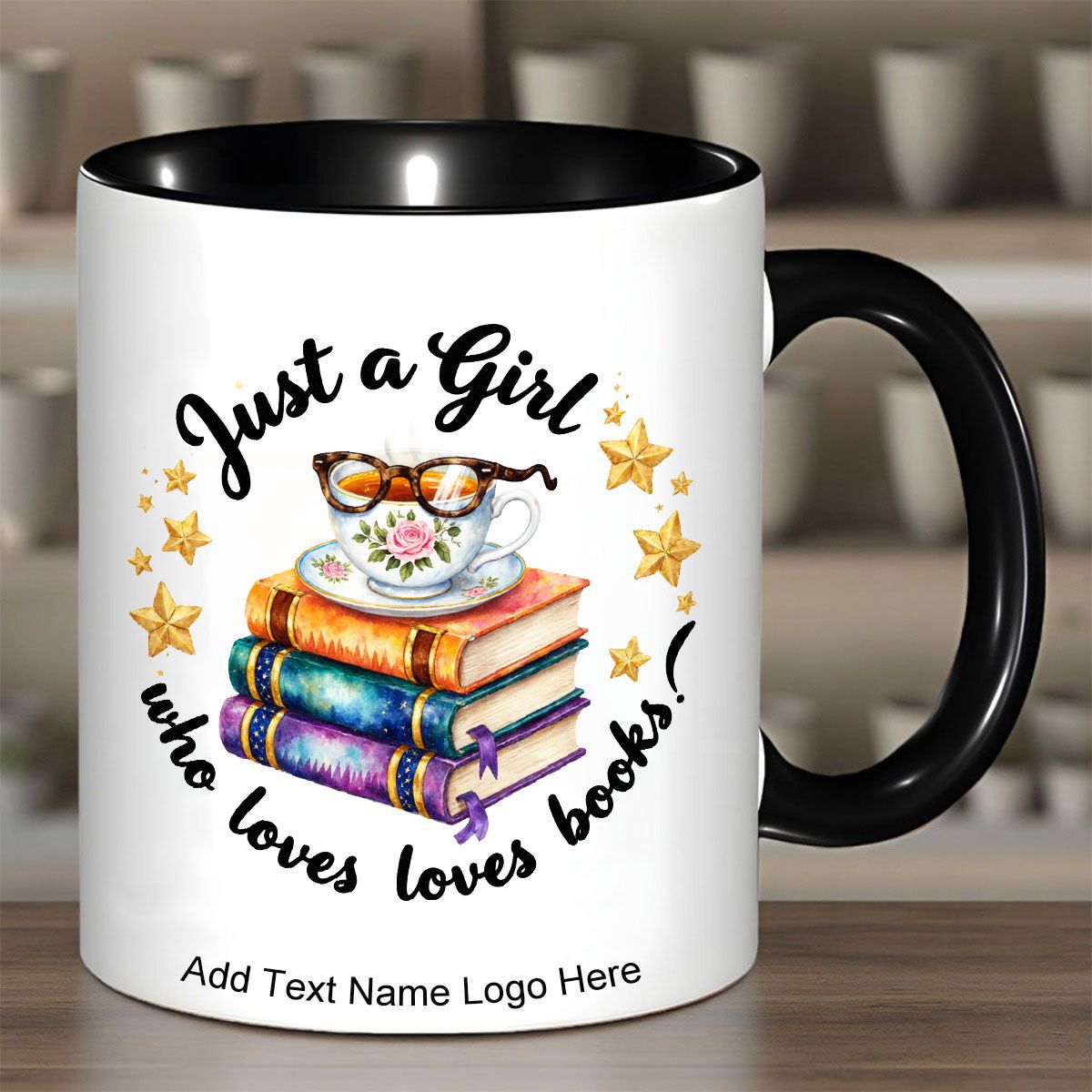 Tailorly Black Accent 11 oz Mug - who books name logo bookworm cup brown glasses decorations