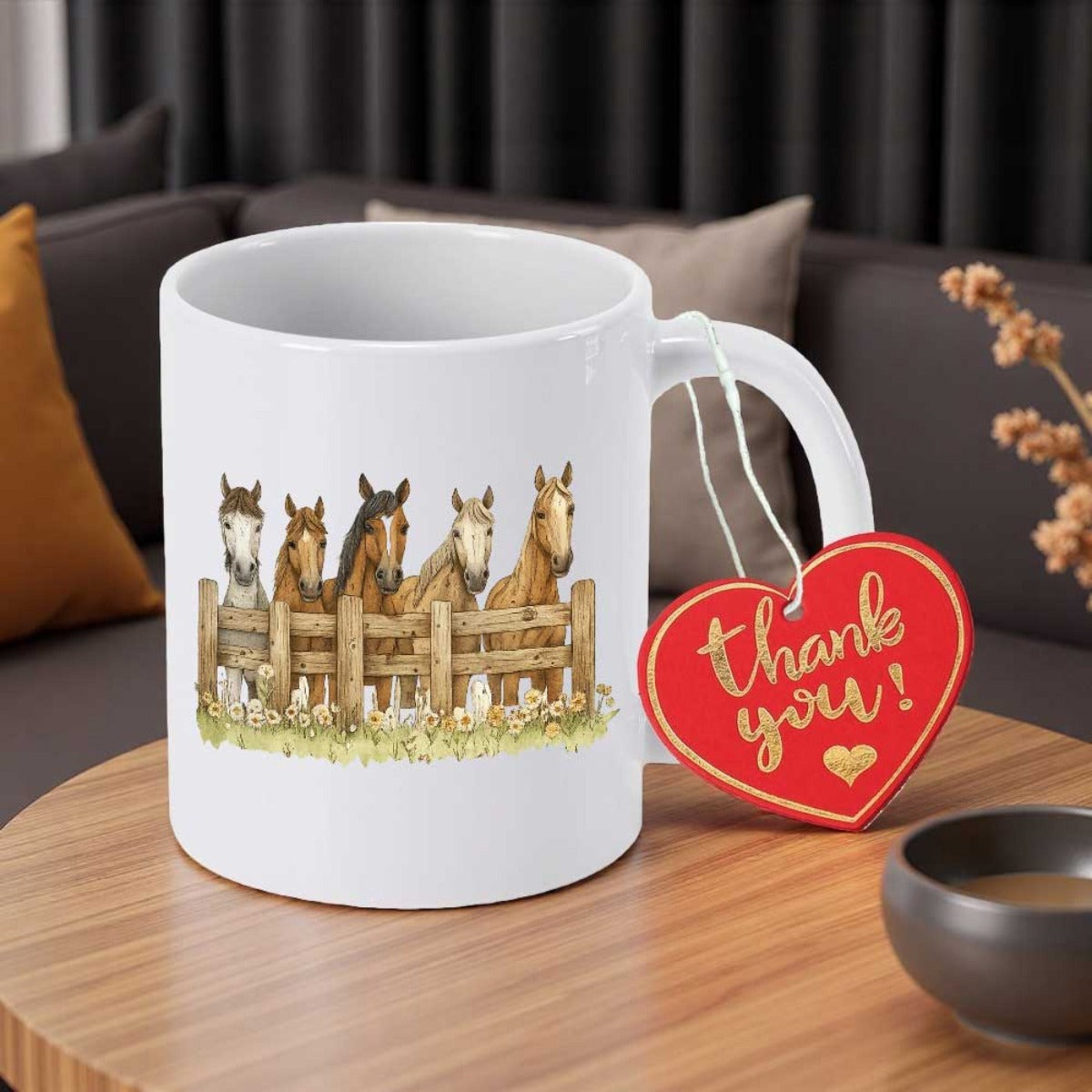 Tailorly White Ceramic 11 oz Mug - Thank You Five Beautiful Horses Peering Over A Rustic Wooden Fence Horse