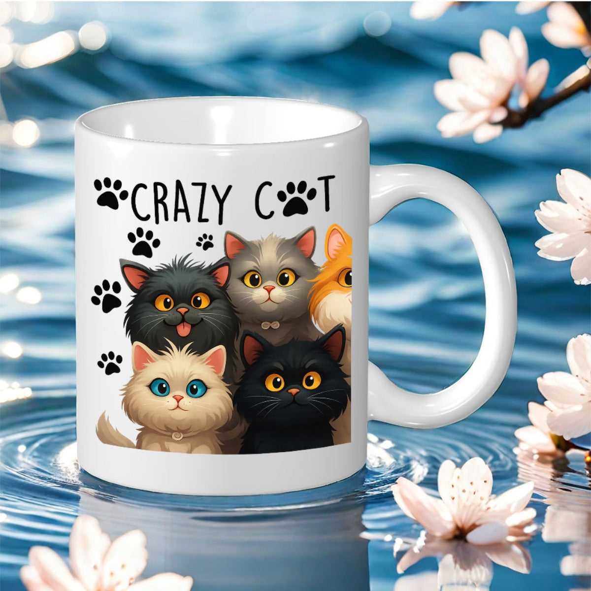 Tailorly White Ceramic 11 oz Mug - Crazy Cat Adorable Fluffy Kittens With Playful Black Paw Prints And Large Eyes Cat