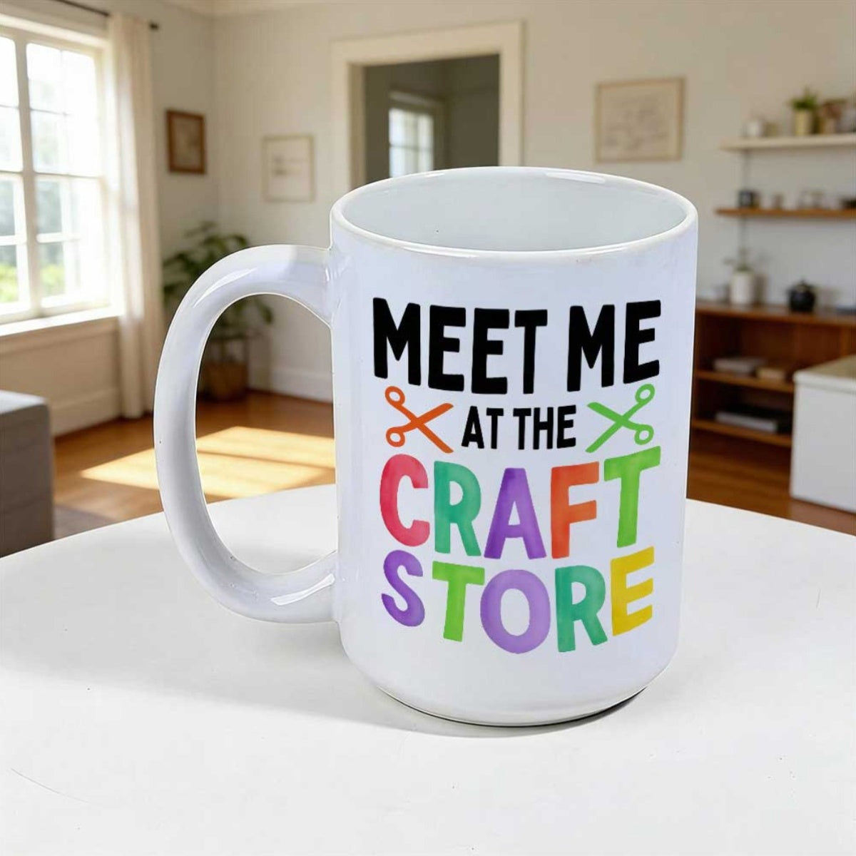 Tailorly White Ceramic 11 oz Mug - Meet Me At The Craft Store Colorful Artistic Typography With Playful Vibrant Traditional Cutting Scissors