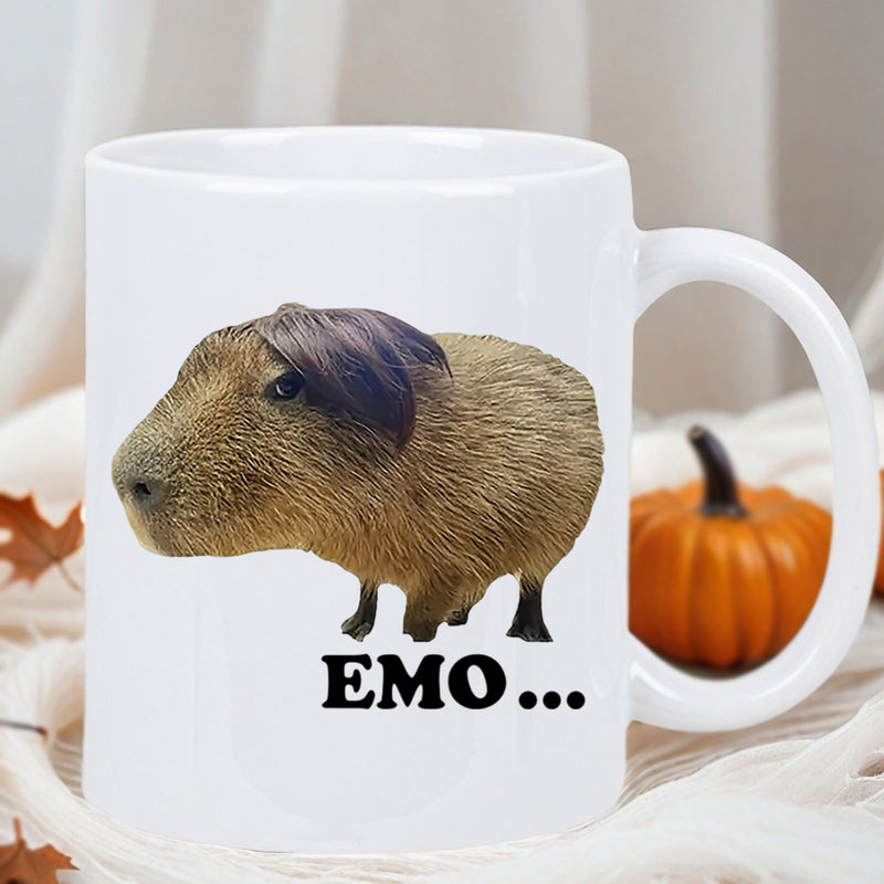 Tailorly White Ceramic 11 oz Mug - Emo Quirky Brown Capybara Wearing Dark Stylized Fringe Hairpiece Over White Background Capybara