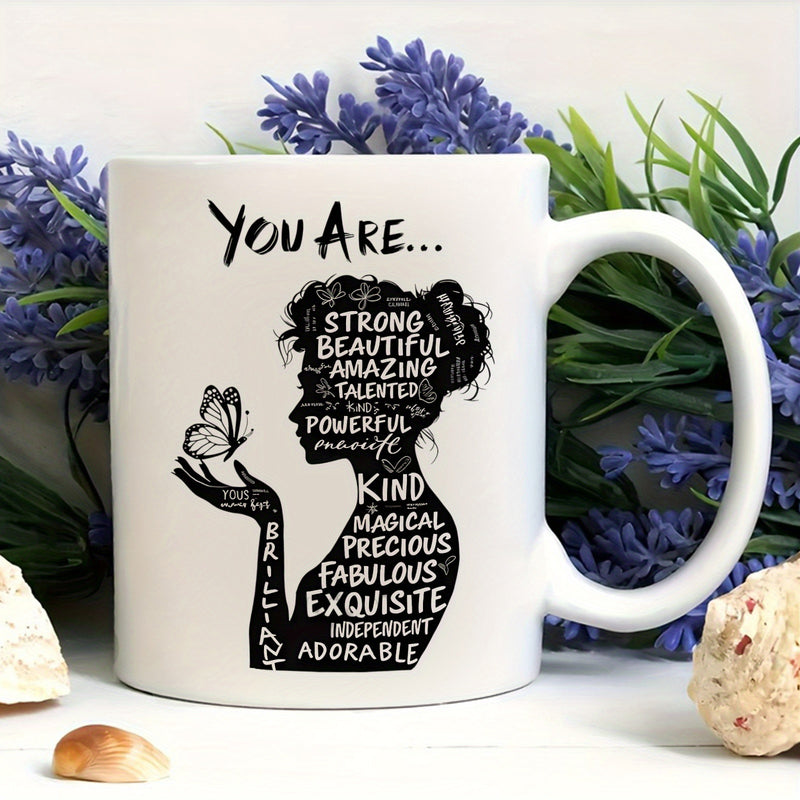 Tailorly White Ceramic 11 oz Mug - You Are Elegant Silhouette Of A Graceful Woman With A Delicate Butterfly Resting On Her Hand Silhouette